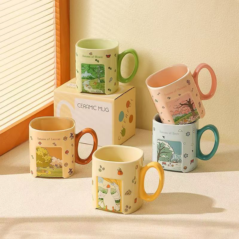 Square cartoon scenic ceramic cups & mugs crockery