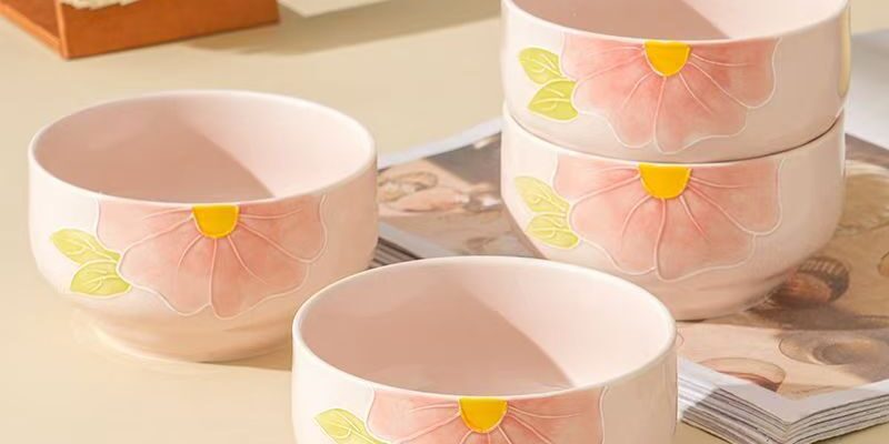 Hand-painted underglaze embossed ceramic bowls crockery