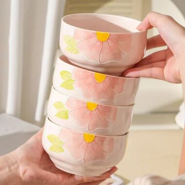 Hand-painted underglaze embossed ceramic bowls crockery