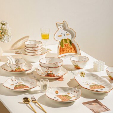 Cute bunny embossed ceramic crockery dinner sets for home