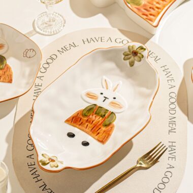 Cute bunny embossed ceramic crockery dinner sets for home