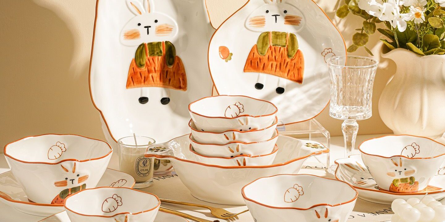 Cute bunny embossed ceramic crockery dinner sets for home