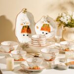 Cute bunny embossed ceramic crockery dinner sets for home