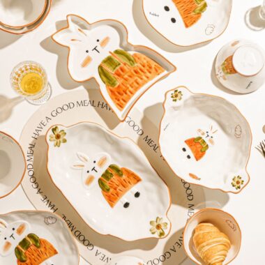 Cute bunny embossed ceramic crockery dinner sets for home