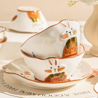 Cute bunny embossed ceramic crockery dinner sets for home
