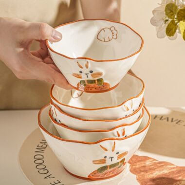 Cute bunny embossed ceramic crockery dinner sets for home