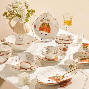 Cute bunny embossed ceramic crockery dinner sets for home
