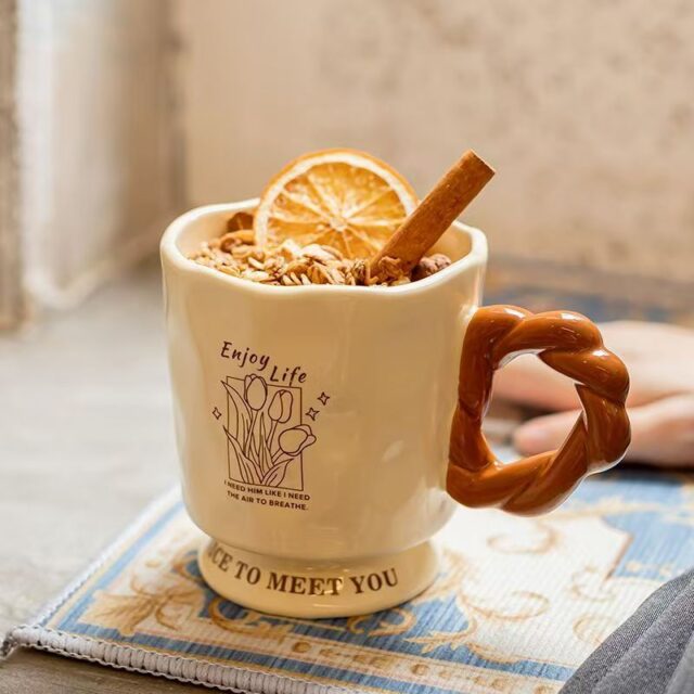 Cream style stem ceramic crockery mugs for home gifts