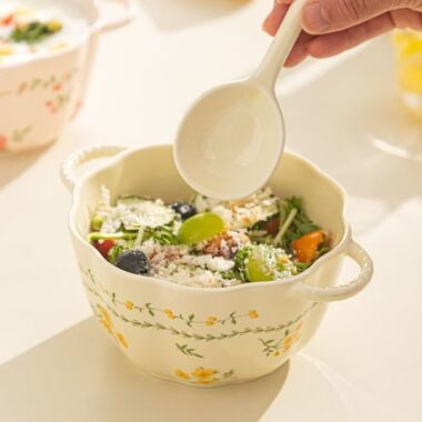 Cream style underglaze ceramic crockery bowls with handles