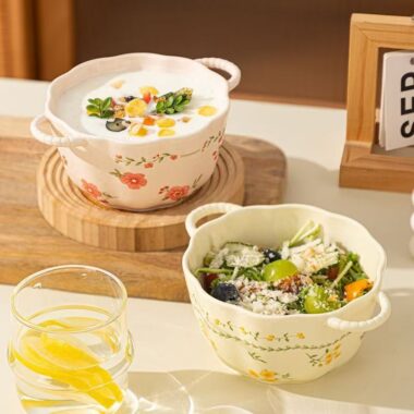 Cream style underglaze ceramic crockery bowls with handles