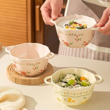 Cream style underglaze ceramic crockery bowls with handles