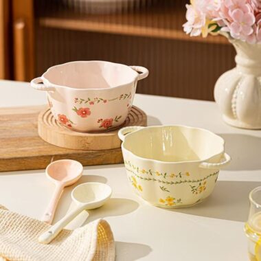Cream style underglaze ceramic crockery bowls with handles