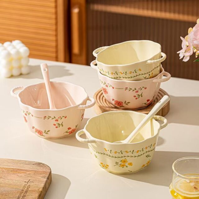 Cream style underglaze ceramic crockery bowls with handles