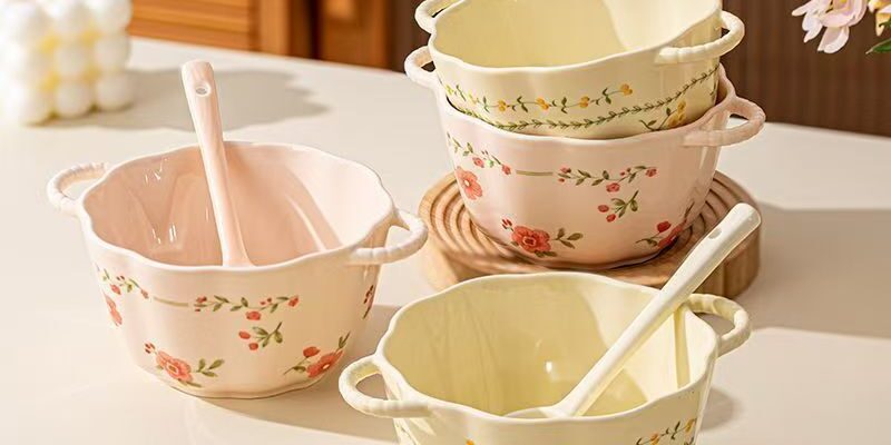 Cream style underglaze ceramic crockery bowls with handles