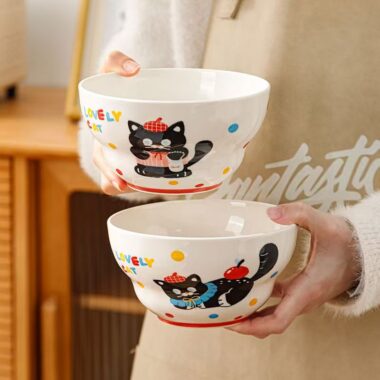 Cute cat underglaze ceramic crockery rice and ramen bowls
