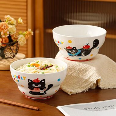 Cute cat underglaze ceramic crockery rice and ramen bowls