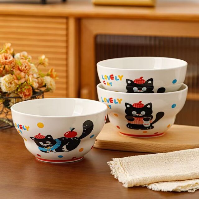 Cute cat underglaze ceramic crockery rice and ramen bowls