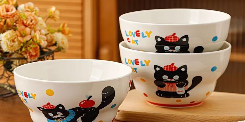 Cute cat underglaze ceramic crockery rice and ramen bowls
