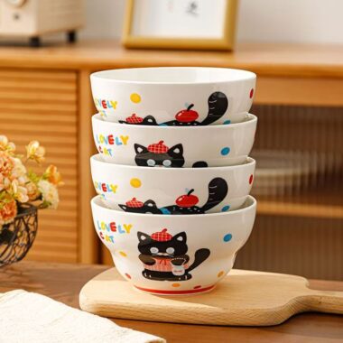 Cute cat underglaze ceramic crockery rice and ramen bowls