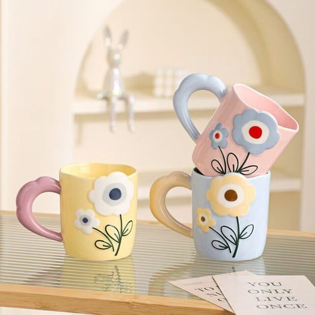 Embossed hand painted floral ceramic crockery mugs for home