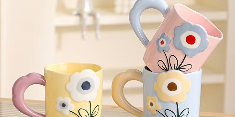 Embossed hand painted floral ceramic crockery mugs for home