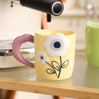 Embossed hand painted floral ceramic crockery mugs for home