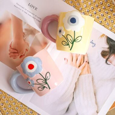 Embossed hand painted floral ceramic crockery mugs for home