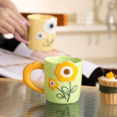 Embossed hand painted floral ceramic crockery mugs for home