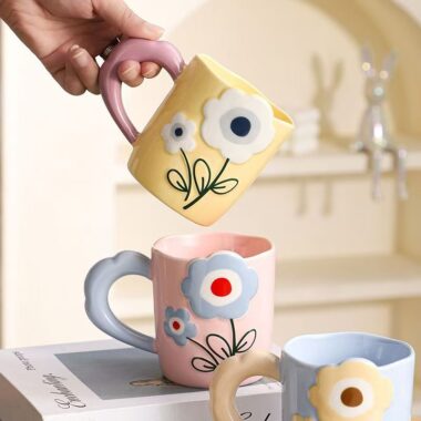Embossed hand painted floral ceramic crockery mugs for home
