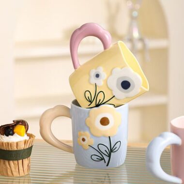 Embossed hand painted floral ceramic crockery mugs for home