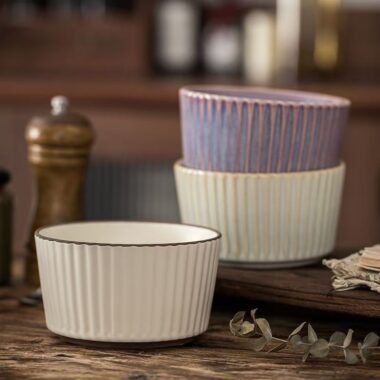 Embossed vertical stripe ceramic crockery bowls for home