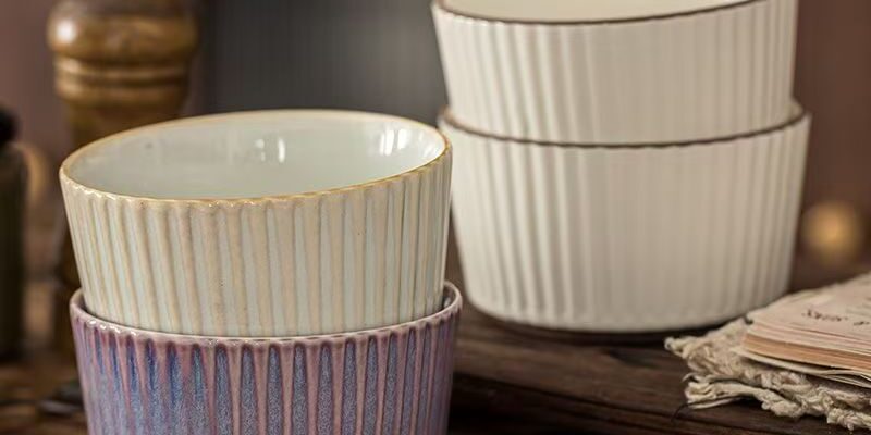 Embossed vertical stripe ceramic crockery bowls for home