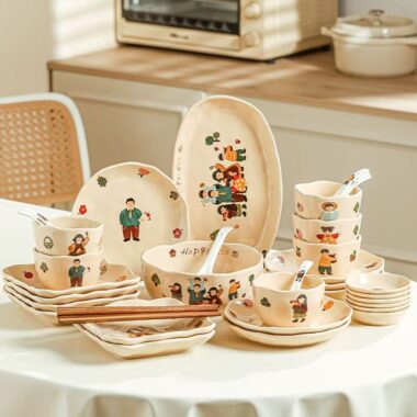 Cute family cartoon ceramic crockery dinner sets for home