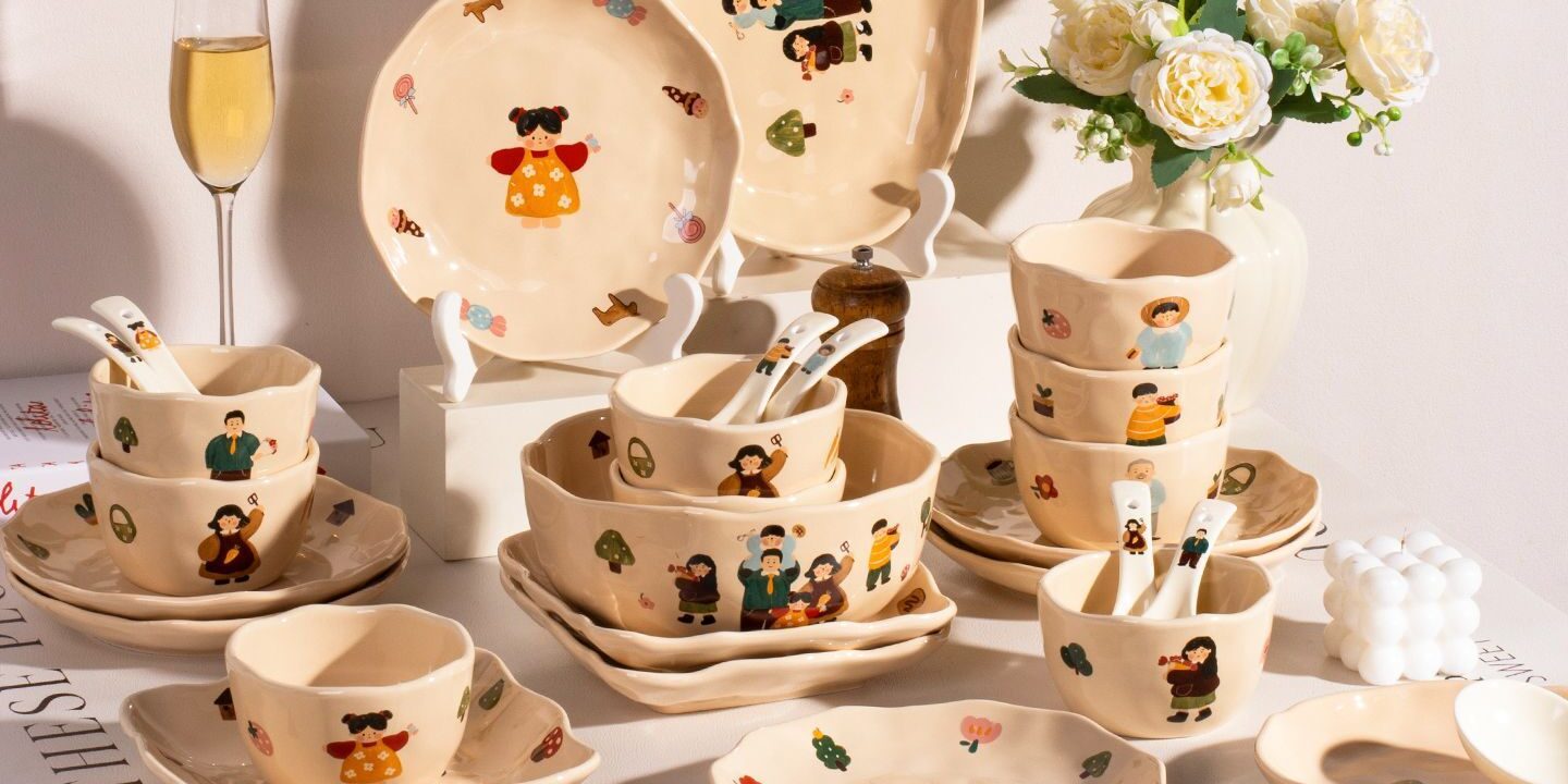 Cute family cartoon ceramic crockery dinner sets for home