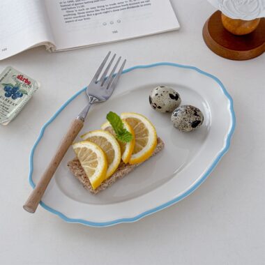 Vintage French blue lace ceramic crockery oval plates