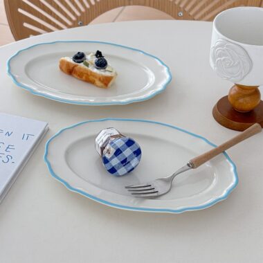 Vintage French blue lace ceramic crockery oval plates