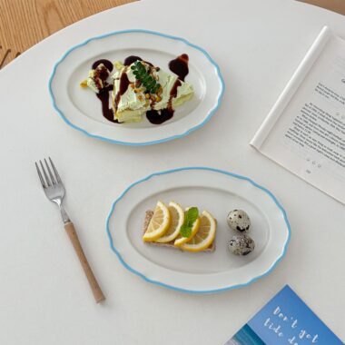 Vintage French blue lace ceramic crockery oval plates