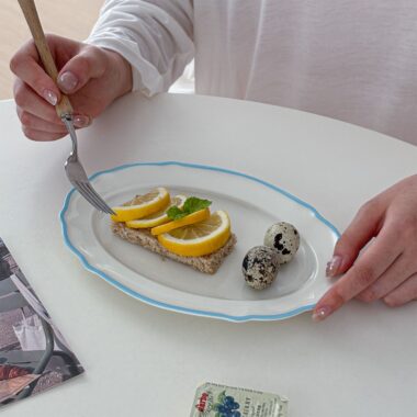 Vintage French blue lace ceramic crockery oval plates