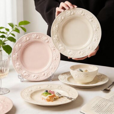 French embossed underglaze cream ceramic crockery round plates