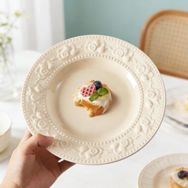 French embossed underglaze cream ceramic crockery round plates