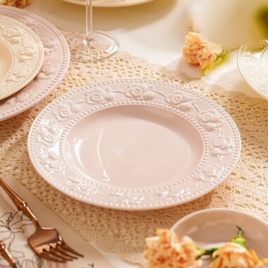 French embossed underglaze cream ceramic crockery round plates