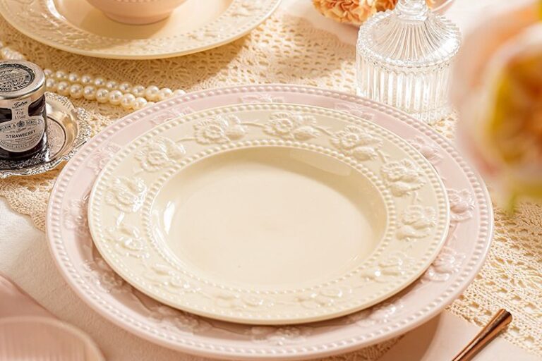 French Embossed Underglaze Cream Crockery Plates (4) French embossed underglaze cream ceramic crockery round plates
