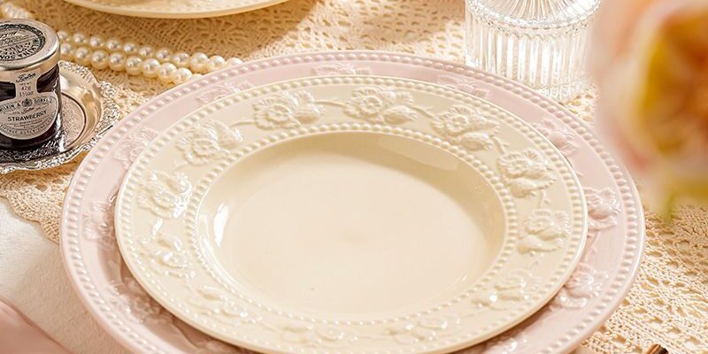 French embossed underglaze cream ceramic crockery round plates