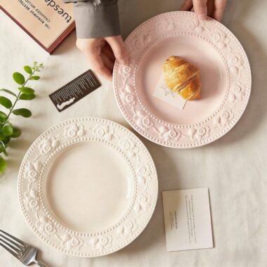 French embossed underglaze cream ceramic crockery round plates