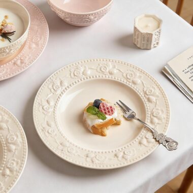 French embossed underglaze cream ceramic crockery round plates