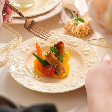 French embossed underglaze cream ceramic crockery round plates