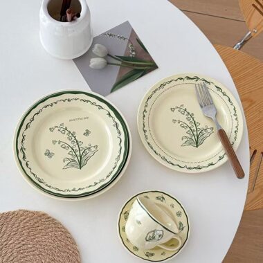 French green ceramic crockery plates for dessert and breakfast