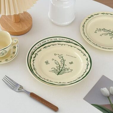 French green ceramic crockery plates for dessert and breakfast