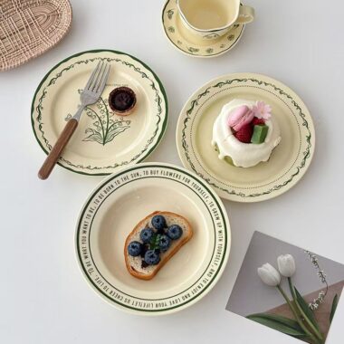 French green ceramic crockery plates for dessert and breakfast
