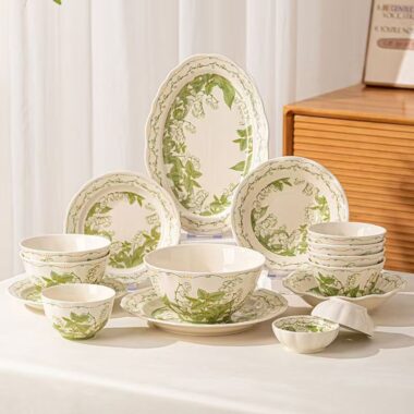 Green floral ceramic crockery dinner sets for home dining